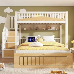 ModernLuxe Lit superposé 90x200+140x200 cm - lit inférieur avec rangement - escalier avec rangement - port USB - Blanc/Naturel (sans matelas) Discount