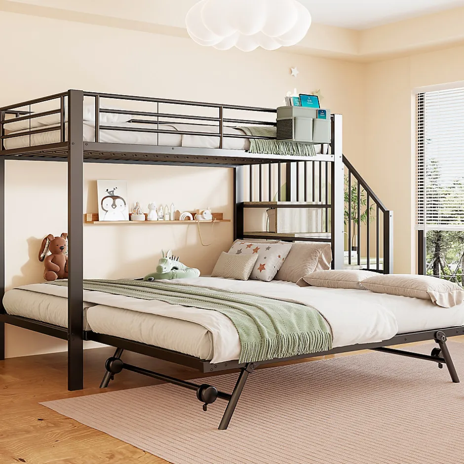 Enfant ModernLuxe Lit superposé 90x200+180x200 cm - Structure en fer - Lit gigogne - Sacs de rangement - Échelle de sécurité - Noir (sans matelas)