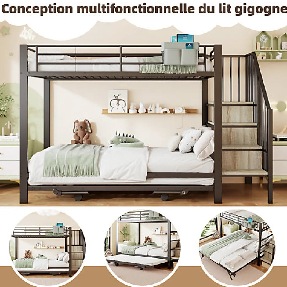 Enfant ModernLuxe Lit superposé 90x200+180x200 cm - Structure en fer - Lit gigogne - Sacs de rangement - Échelle de sécurité - Noir (sans matelas)