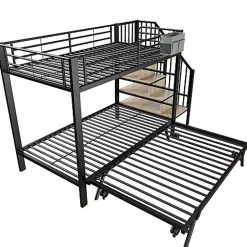 Enfant ModernLuxe Lit superposé 90x200+180x200 cm - Structure en fer - Lit gigogne - Sacs de rangement - Échelle de sécurité - Noir (sans matelas)