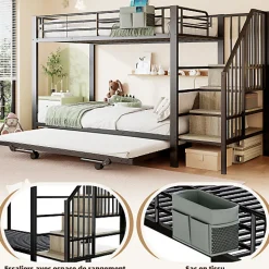 Enfant ModernLuxe Lit superposé 90x200+180x200 cm - Structure en fer - Lit gigogne - Sacs de rangement - Échelle de sécurité - Noir (sans matelas)