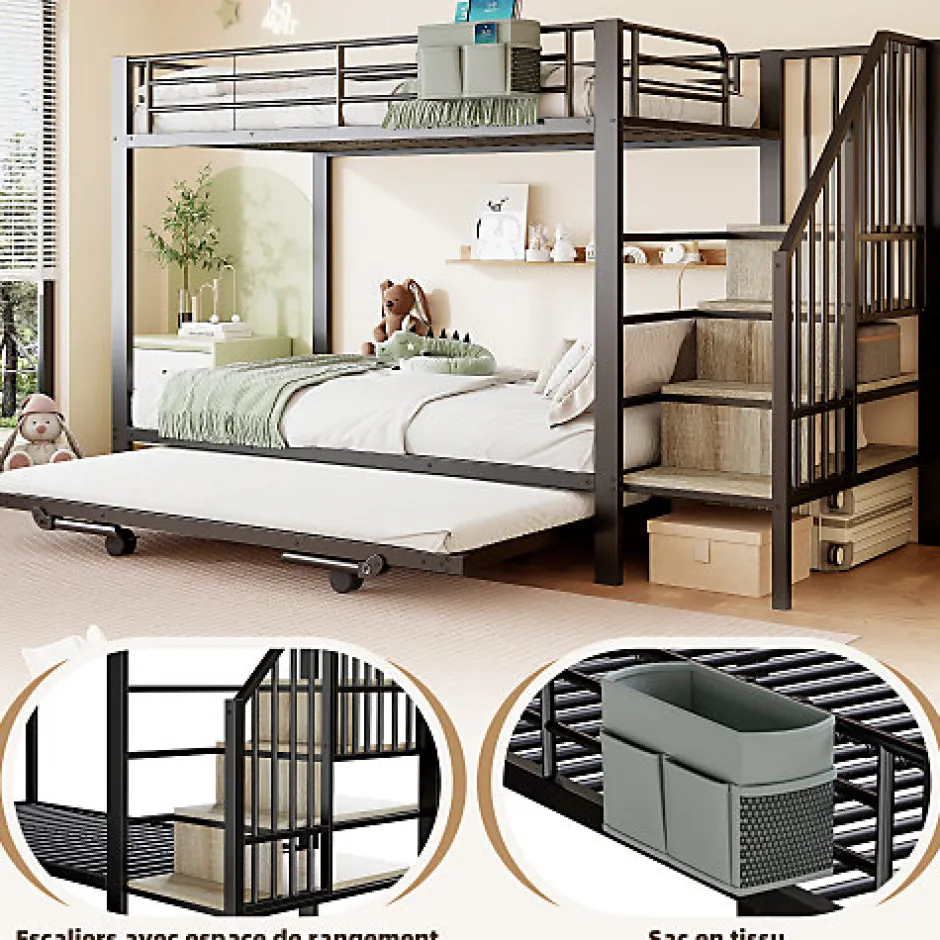 Enfant ModernLuxe Lit superposé 90x200+180x200 cm - Structure en fer - Lit gigogne - Sacs de rangement - Échelle de sécurité - Noir (sans matelas)