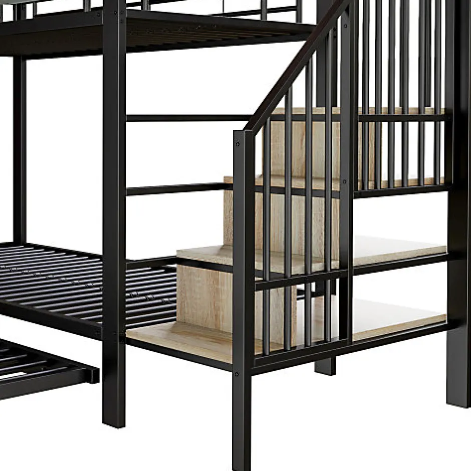 Enfant ModernLuxe Lit superposé 90x200+180x200 cm - Structure en fer - Lit gigogne - Sacs de rangement - Échelle de sécurité - Noir (sans matelas)