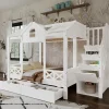 Enfant Redom Lit superposé 90x200/140x200 cm avec deux tiroirs à roulettes et armoire d'escalier en bois blanc