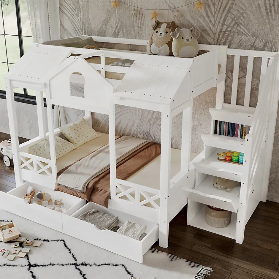 Enfant Redom Lit superposé 90x200/140x200 cm avec deux tiroirs à roulettes et armoire d'escalier en bois blanc