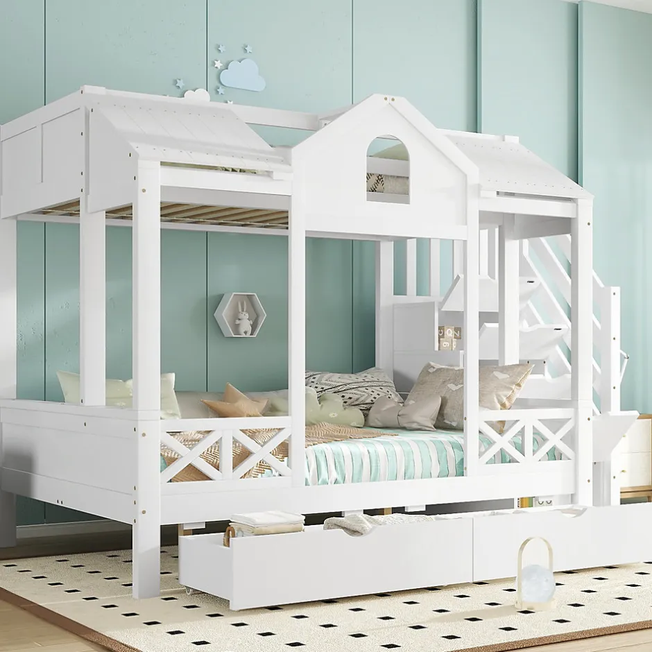 Enfant Redom Lit superposé 90x200/140x200 cm avec deux tiroirs à roulettes et armoire d'escalier en bois blanc