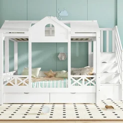 Enfant Redom Lit superposé 90x200/140x200 cm avec deux tiroirs à roulettes et armoire d'escalier en bois blanc