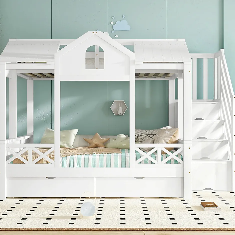 Enfant Redom Lit superposé 90x200/140x200 cm avec deux tiroirs à roulettes et armoire d'escalier en bois blanc