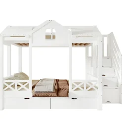 Enfant Redom Lit superposé 90x200/140x200 cm avec deux tiroirs à roulettes et armoire d'escalier en bois blanc