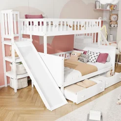 Redom Lit superposé 90x200/140x200 cm avec toboggan sécurisé, échelle de rangement et 2 tiroirs en bois blanc New