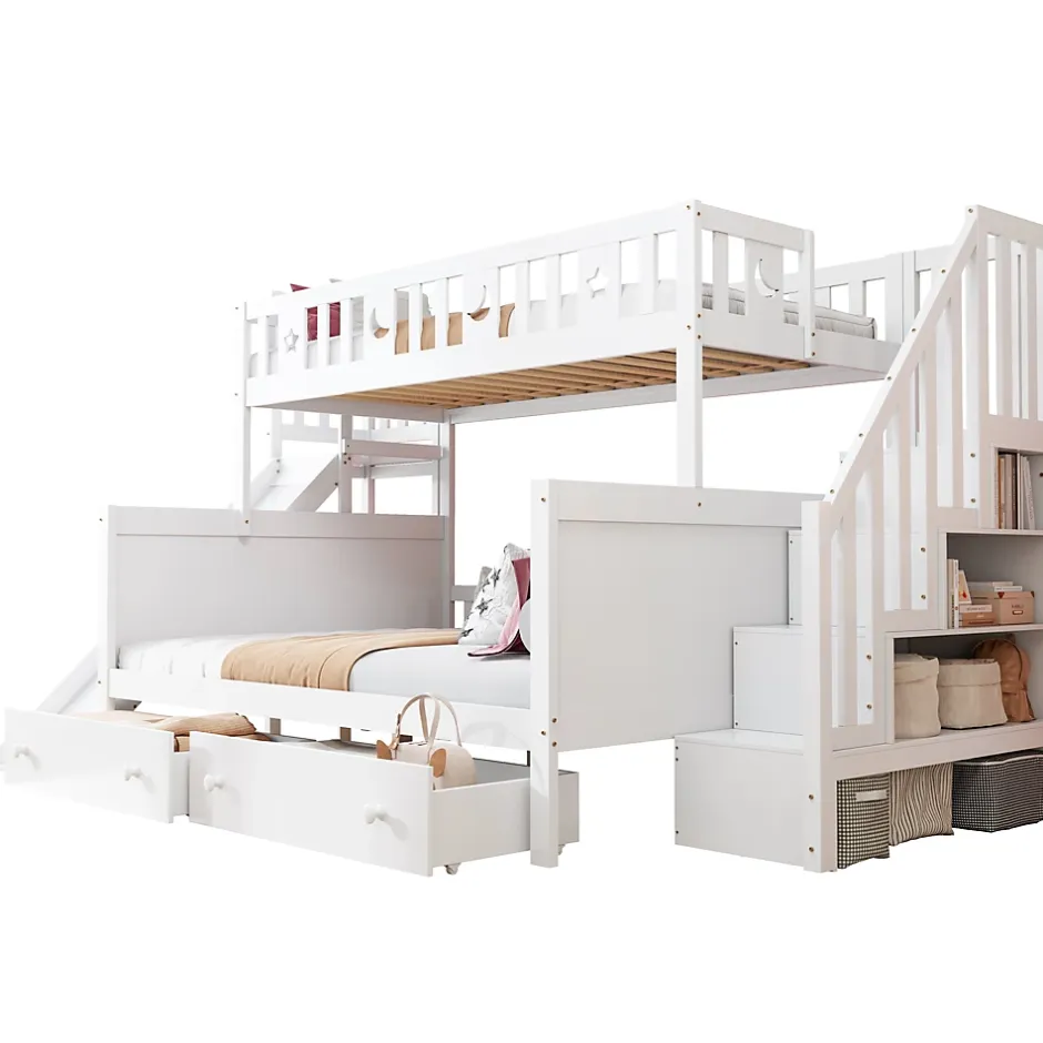 Redom Lit superposé 90x200/140x200 cm avec toboggan sécurisé, échelle de rangement et 2 tiroirs en bois blanc New