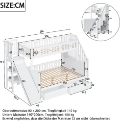 Redom Lit superposé 90x200/140x200 cm avec toboggan sécurisé, échelle de rangement et 2 tiroirs en bois blanc New