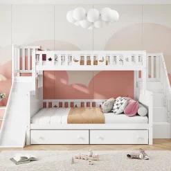 Redom Lit superposé 90x200/140x200 cm avec toboggan sécurisé, échelle de rangement et 2 tiroirs en bois blanc New