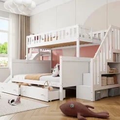 Redom Lit superposé 90x200/140x200 cm avec toboggan sécurisé, échelle de rangement et 2 tiroirs en bois blanc New