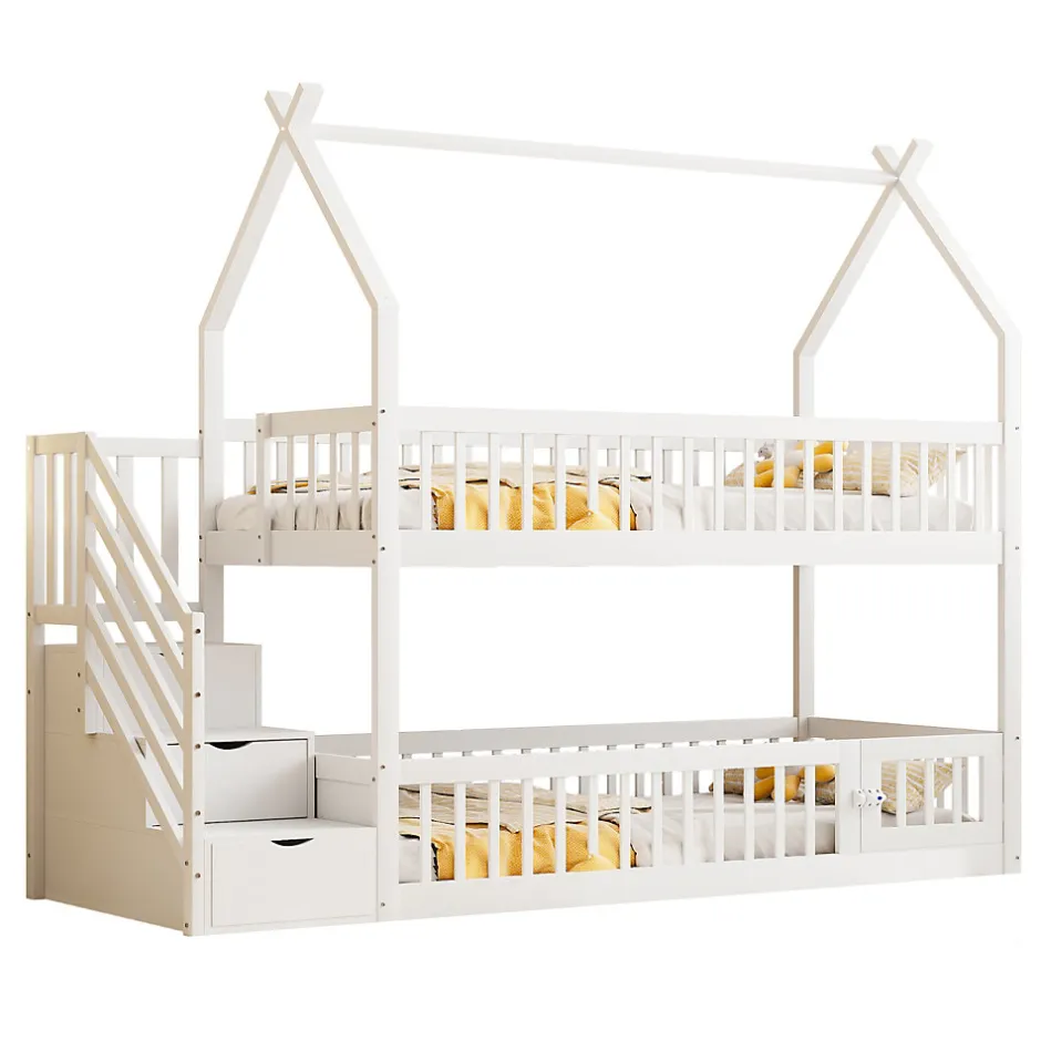 Enfant Redom Lit superpose enfant 90 par 200 cm bois massif avec toit echelle de securite tiroirs lit simple blanc rangement enfants