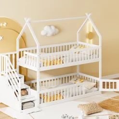 Enfant Redom Lit superpose enfant 90 par 200 cm bois massif avec toit echelle de securite tiroirs lit simple blanc rangement enfants