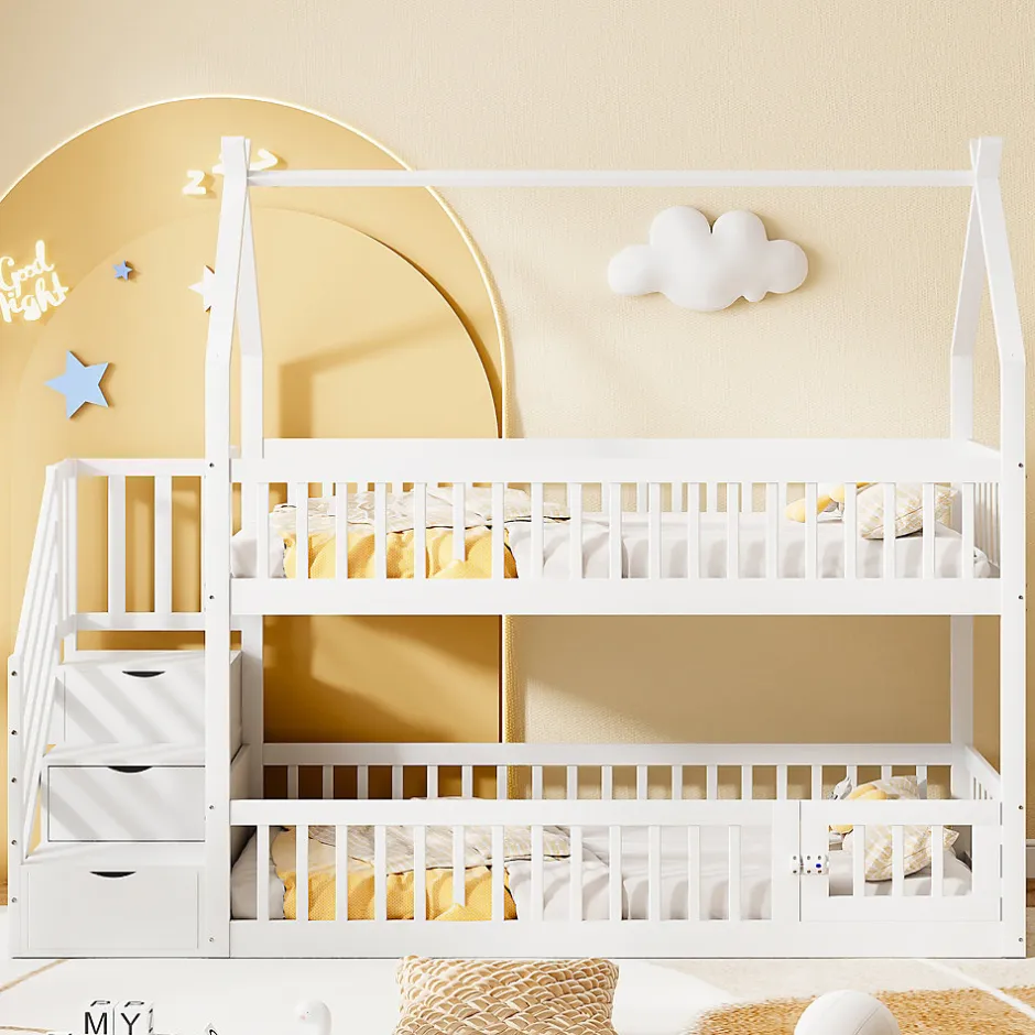 Enfant Redom Lit superpose enfant 90 par 200 cm bois massif avec toit echelle de securite tiroirs lit simple blanc rangement enfants