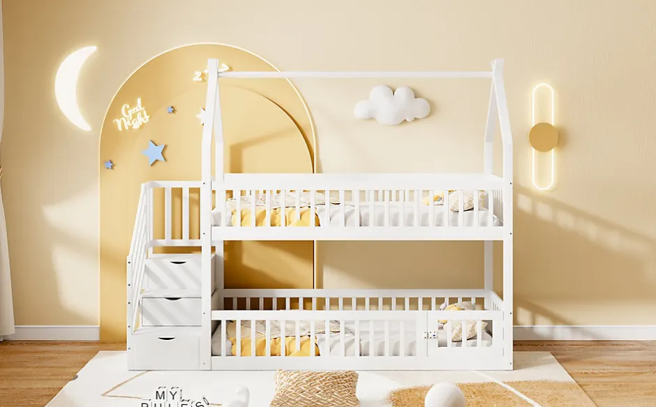 Enfant Redom Lit superpose enfant 90 par 200 cm bois massif avec toit echelle de securite tiroirs lit simple blanc rangement enfants