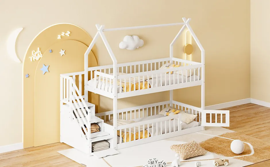 Enfant Redom Lit superpose enfant 90 par 200 cm bois massif avec toit echelle de securite tiroirs lit simple blanc rangement enfants