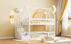 Enfant Redom Lit superpose enfant 90 par 200 cm bois massif avec toit echelle de securite tiroirs lit simple blanc rangement enfants