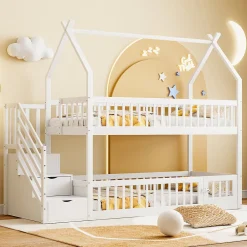 Enfant Redom Lit superpose enfant 90 par 200 cm bois massif avec toit echelle de securite tiroirs lit simple blanc rangement enfants