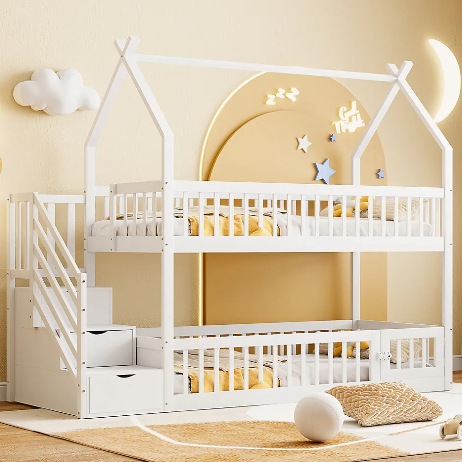 Enfant Redom Lit superpose enfant 90 par 200 cm bois massif avec toit echelle de securite tiroirs lit simple blanc rangement enfants