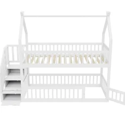 Enfant Redom Lit superpose enfant 90 par 200 cm bois massif avec toit echelle de securite tiroirs lit simple blanc rangement enfants
