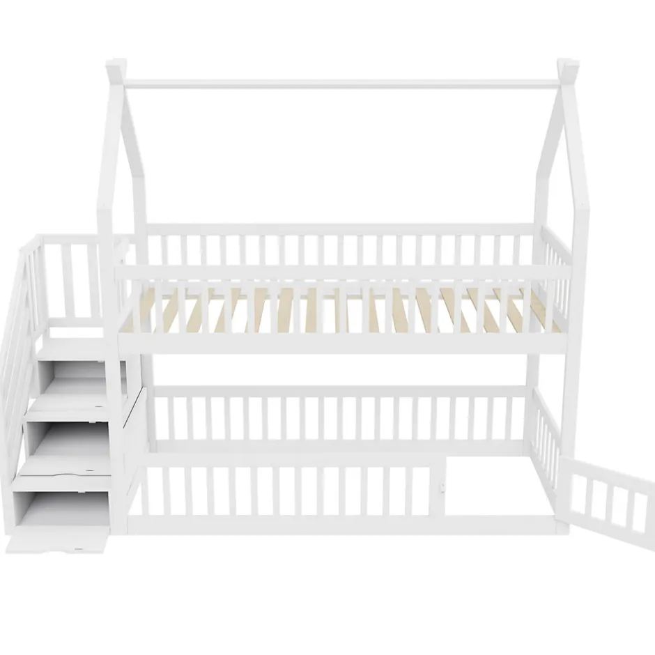 Enfant Redom Lit superpose enfant 90 par 200 cm bois massif avec toit echelle de securite tiroirs lit simple blanc rangement enfants