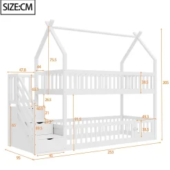 Enfant Redom Lit superpose enfant 90 par 200 cm bois massif avec toit echelle de securite tiroirs lit simple blanc rangement enfants