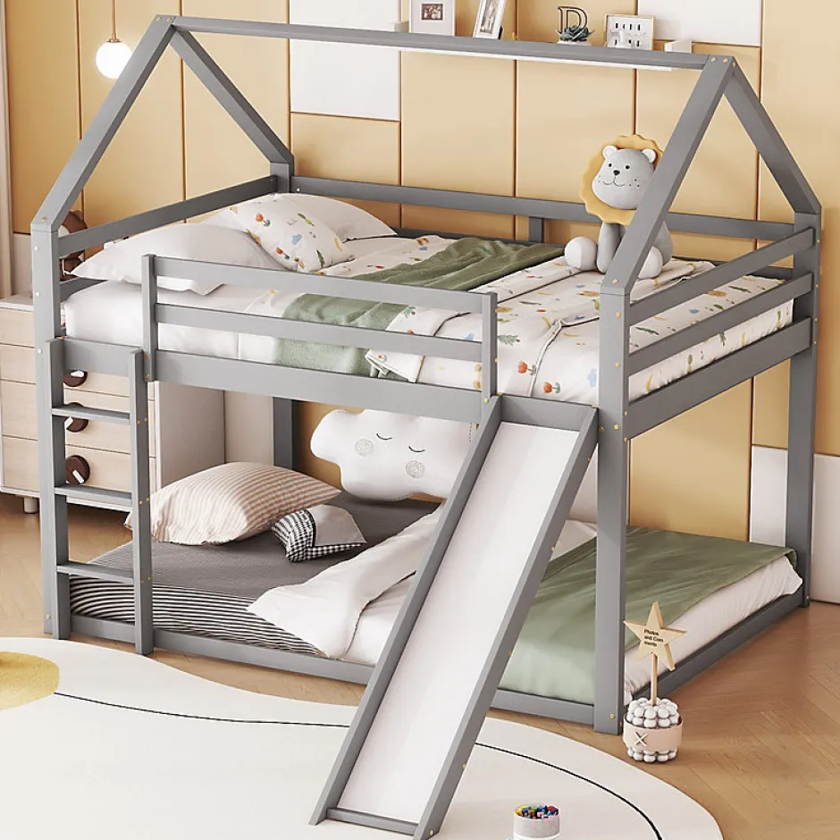 Enfant Aapaas Lit superpose enfant 140x200 cm gris avec toboggan echelle et design cabane pour chambre enfant