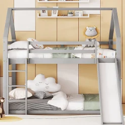 Enfant Aapaas Lit superpose enfant 140x200 cm gris avec toboggan echelle et design cabane pour chambre enfant