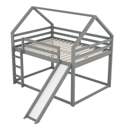 Enfant Aapaas Lit superpose enfant 140x200 cm gris avec toboggan echelle et design cabane pour chambre enfant