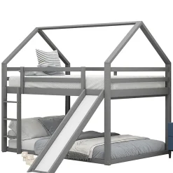 Enfant Aapaas Lit superpose enfant 140x200 cm gris avec toboggan echelle et design cabane pour chambre enfant