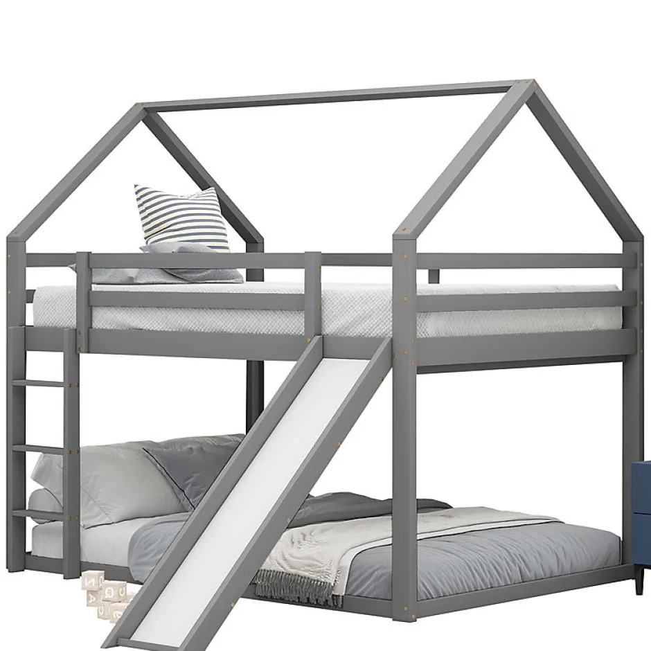 Enfant Aapaas Lit superpose enfant 140x200 cm gris avec toboggan echelle et design cabane pour chambre enfant
