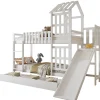 Enfant Redom Lit superpose enfant 90x200 grand tiroir roulettes toboggan toit fenetres decoratifs pin MDF contreplaque blanc