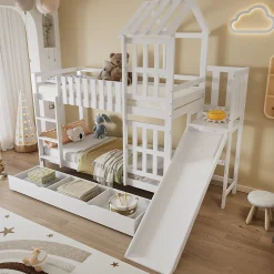 Enfant Redom Lit superpose enfant 90x200 grand tiroir roulettes toboggan toit fenetres decoratifs pin MDF contreplaque blanc