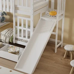 Enfant Redom Lit superpose enfant 90x200 grand tiroir roulettes toboggan toit fenetres decoratifs pin MDF contreplaque blanc