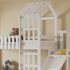 Enfant Redom Lit superpose enfant 90x200 grand tiroir roulettes toboggan toit fenetres decoratifs pin MDF contreplaque blanc
