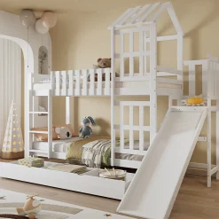 Enfant Redom Lit superpose enfant 90x200 grand tiroir roulettes toboggan toit fenetres decoratifs pin MDF contreplaque blanc
