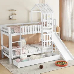 Enfant Redom Lit superpose enfant 90x200 grand tiroir roulettes toboggan toit fenetres decoratifs pin MDF contreplaque blanc