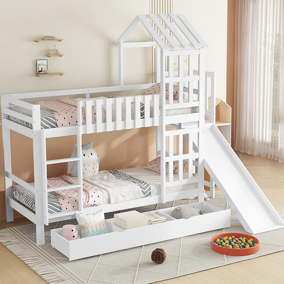 Enfant Redom Lit superpose enfant 90x200 grand tiroir roulettes toboggan toit fenetres decoratifs pin MDF contreplaque blanc