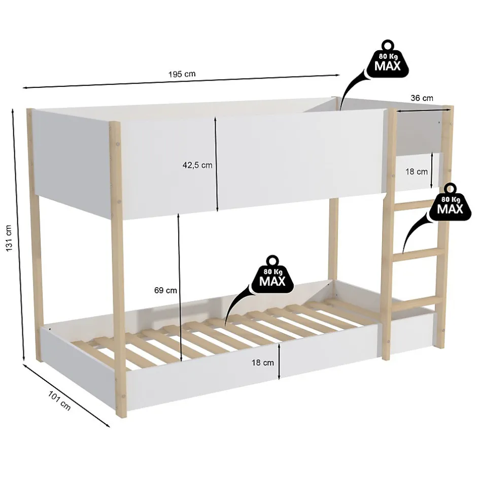 Enfant Weber Industries LIT SUPERPOSE 90x190 BOB + 2 SOMMIERS / Blanc et Bois clair