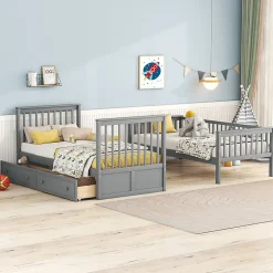 Aapaas Lit superpose 90x200 cm gris avec tiroirs et lits convertibles pour chambre enfant New