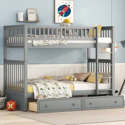 Aapaas Lit superpose 90x200 cm gris avec tiroirs et lits convertibles pour chambre enfant New