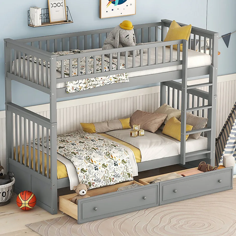 Aapaas Lit superpose 90x200 cm gris avec tiroirs et lits convertibles pour chambre enfant New
