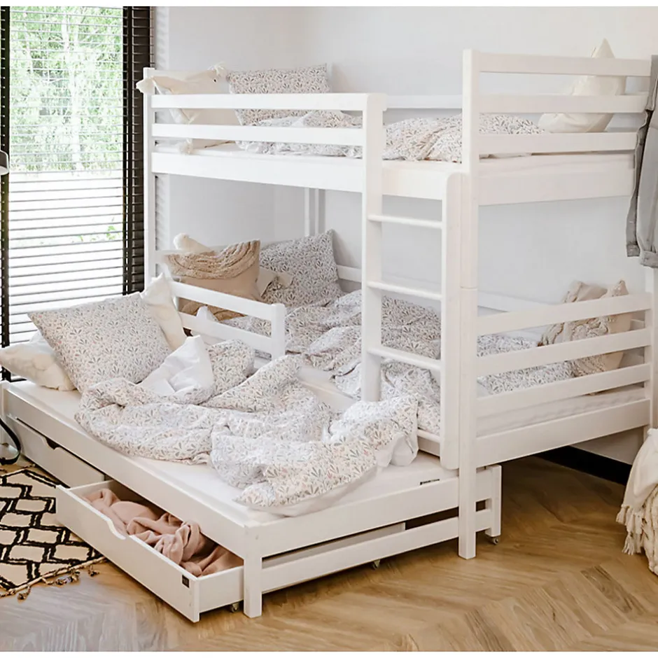 Enfant Petits-Meubles Lit superpose 90x200 sommier lit gigogne et tiroirs inclus Leo Blanc