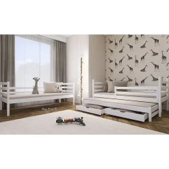 Enfant Petits-Meubles Lit superpose 90x200 sommier lit gigogne et tiroirs inclus Leo Blanc