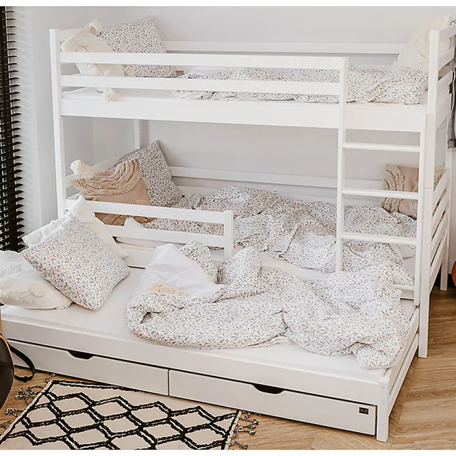 Enfant Petits-Meubles Lit superpose 90x200 sommier lit gigogne et tiroirs inclus Leo Blanc