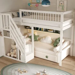 Enfant ProximaX Lit surélevé 90x200 cm bois massif blanc, escalier + armoire intégrée, lit simple pour enfants et ados