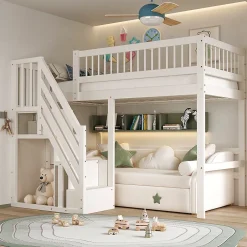Enfant ProximaX Lit surélevé 90x200 cm bois massif blanc, escalier + armoire intégrée, lit simple pour enfants et ados